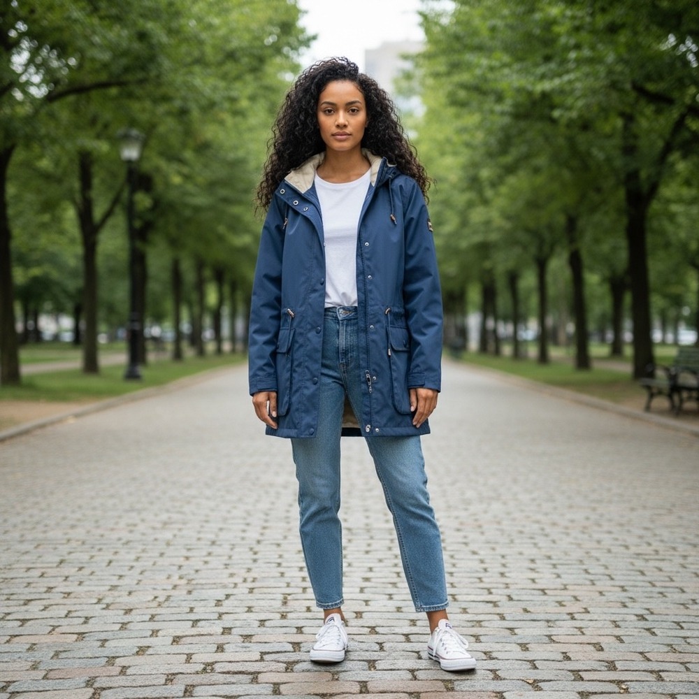 St Johns Bay Womens Blue Hooded Rain Jacket Parka Medium Snap Button Pockets NEW